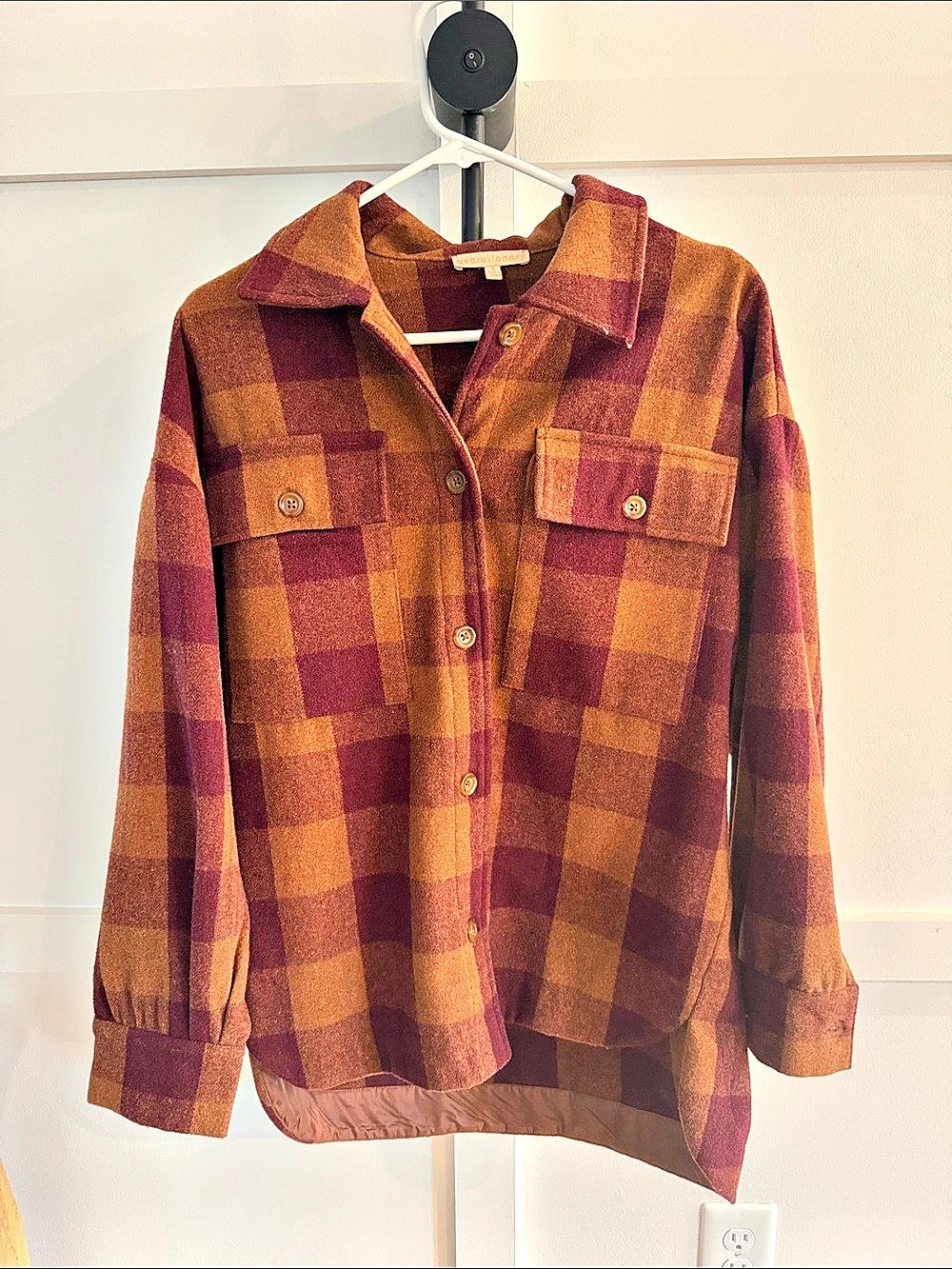 Evolutionary Plaid Oversized Shirt Jacket in Brown & Red Small Like New